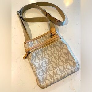 Beige Crossbody Bag with Logo Pattern
